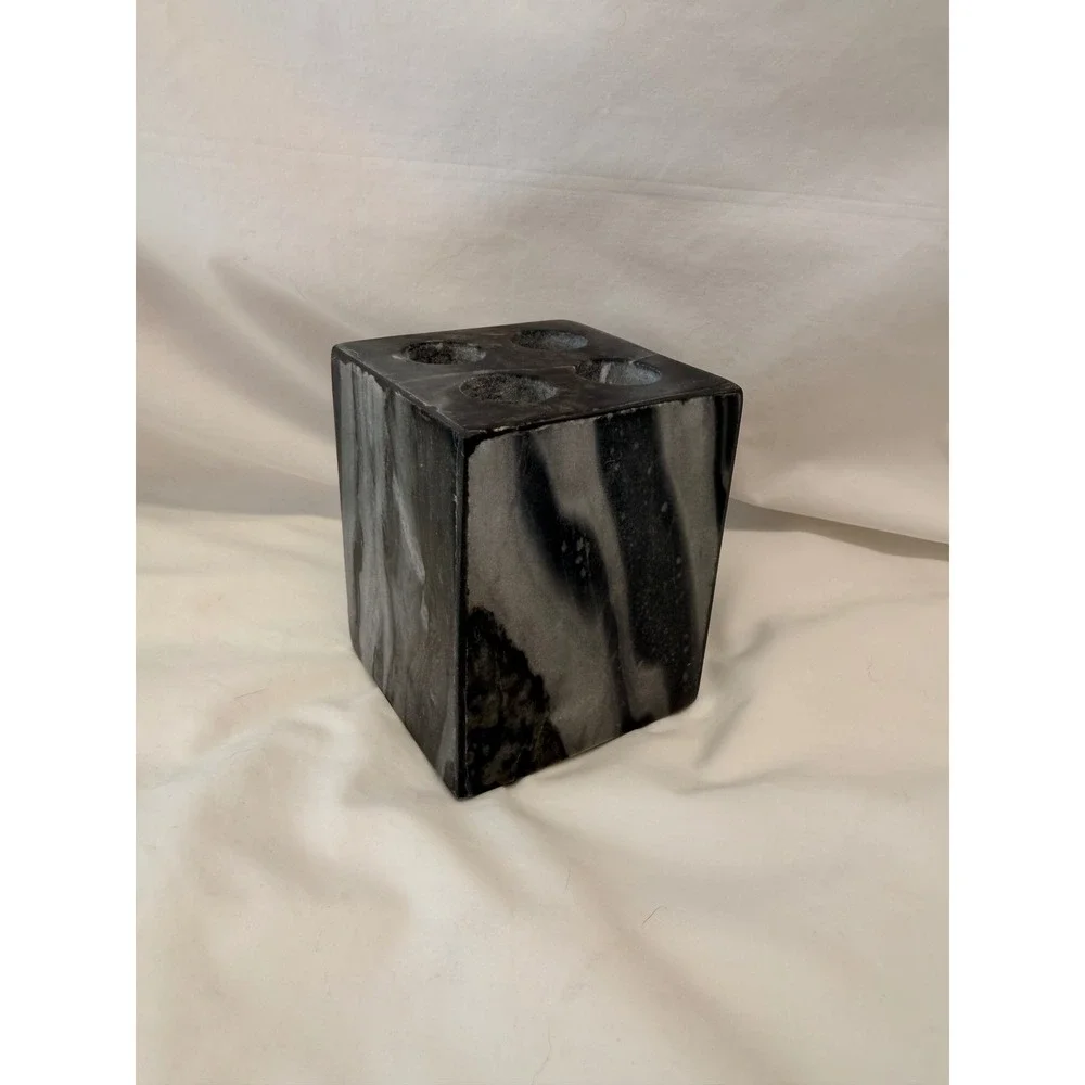 Vintage Black and White Marble Toothbrush Holder 4-Slot Square Stone Vanity